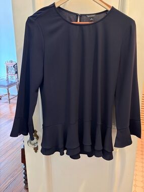 Ann Taylor Navy Ruffle Hem Long Sleeve Blouse